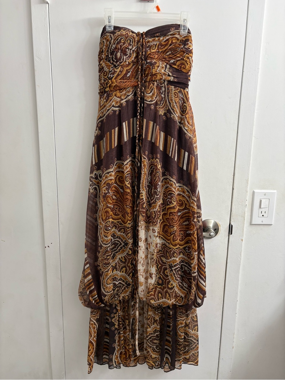 Love Culture Strapless Boho Paisley Maxi Dress in Brown & Gold